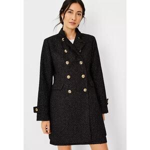 Ann Taylor Tweed Military Jacket Double Breasted Long Coat Gold Button Black NWT